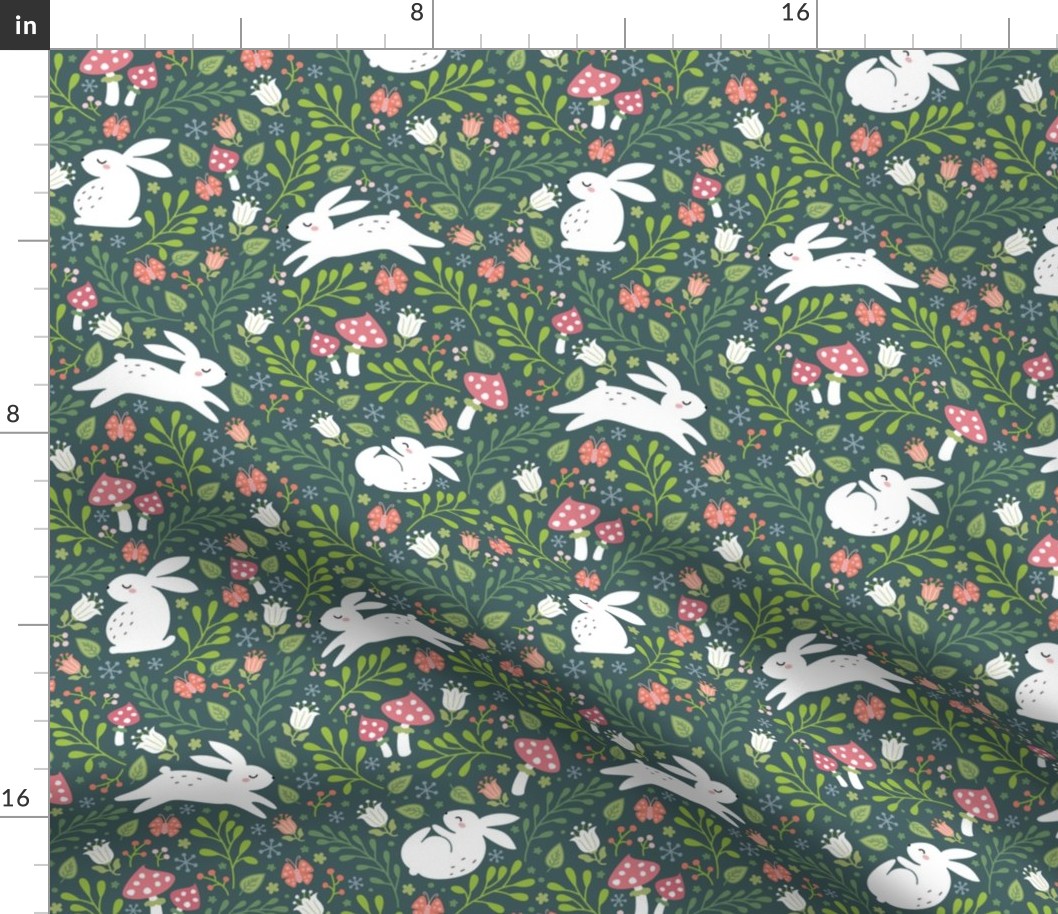 bunnies in the garden teal green