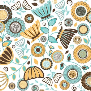 Elegant Modern Flowers - Turquoise Blue, Brown and Saffron Yellow // Medium Scale - 300 DPI