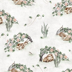 Bunny Wild Rose Windy Day Antique White, Easter rabbit sparrow bird fern baby girl kid woodland animal spring  nursery