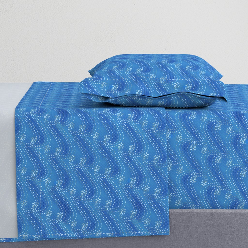 Sashiko waves on textured blue