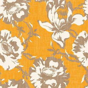 big tropical florals with linen on ochre 