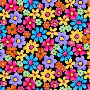 Whimsy Multicolor Flowers on Black