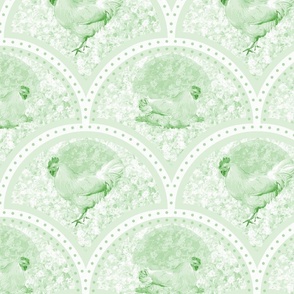 Pale Green Farmhouse Kitchen Decor, Farm Animal Toile Chicken Pattern, Hens with Speckled Eggs on White