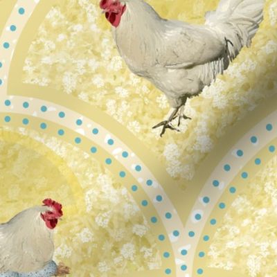 Sunshine Yellow Farmhouse Kitchen Decor, Farm Animal Toile Chicken Pattern, Hens with Speckled Eggs on White