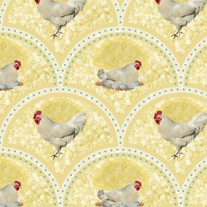 Sunshine Yellow Farmhouse Kitchen Decor, Farm Animal Toile Chicken Pattern, Hens with Speckled Eggs on White