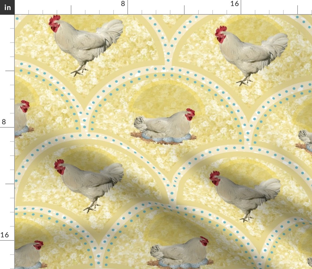 Sunshine Yellow Farmhouse Kitchen Decor, Farm Animal Toile Chicken Pattern, Hens with Speckled Eggs on White