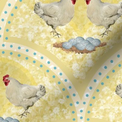 Farmhouse Kitchen Decor, Farmyard Chicken Pattern, Hen with Blue Speckled Eggs on Yellow, Blue Spotted Hen Eggs on Yellow Floral, Farm Bird Nest Eggs, Countryside Farm Animals, Creamy White Feathered Plumage Egg Laying Poultry Birds, Blue Egg Shells 