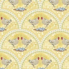 Farmhouse Kitchen Decor, Farmyard Chicken Pattern, Hen with Blue Speckled Eggs on Yellow