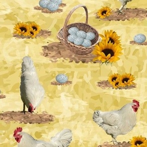 Yellow Sunflowers Farmhouse Decor, Farmyard Chicken Pattern, Rooster and Hen, Blue Speckled Eggs (Medium Scale)