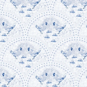 Vintage French Toile Farmhouse Chicken Pattern, Farmyard Rooster and Nesting Hen, Speckled Eggs on Blue and White