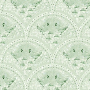 Vintage Farmhouse Chicken Pattern, Farmyard Rooster and Nesting Hen, Speckled Eggs on White and Green