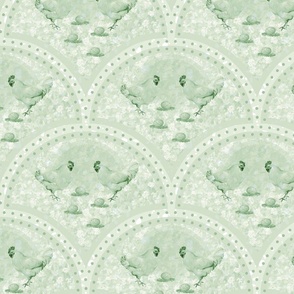 Vintage Farmhouse Chicken Pattern, Farmyard Rooster and Nesting Hen, Speckled Eggs on White and Green, Vintage Farmhouse Rooster Chicken, Speckled Eggs Nesting Hen Green and White Farmyard Pattern, Vintage Farmyard Speckled White Farmhouse Rooster