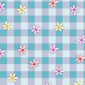 Traditional Gingham Check Daisy Flower on Pretty Blue White Pink Modern Plaid