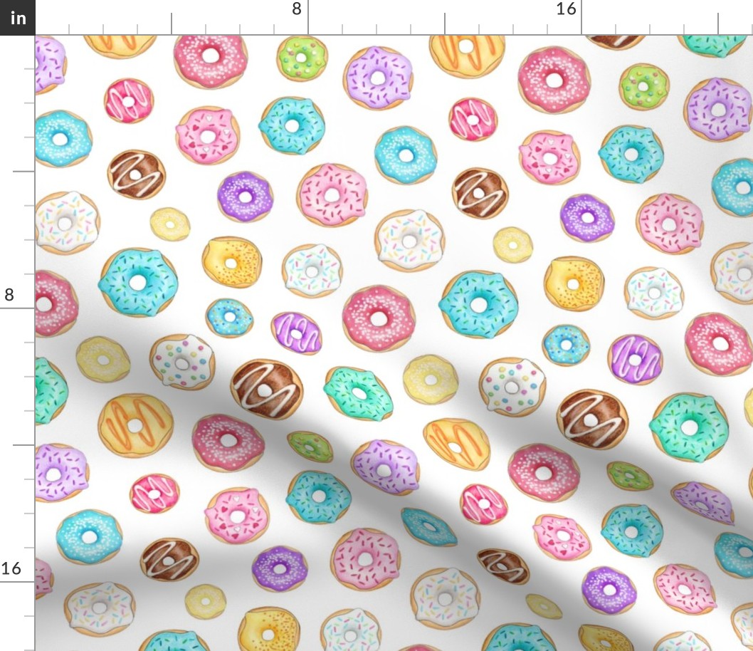 Scattered Rainbow Donuts on white - medium scale