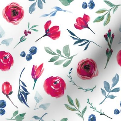Red and Blue Watercolor Florals