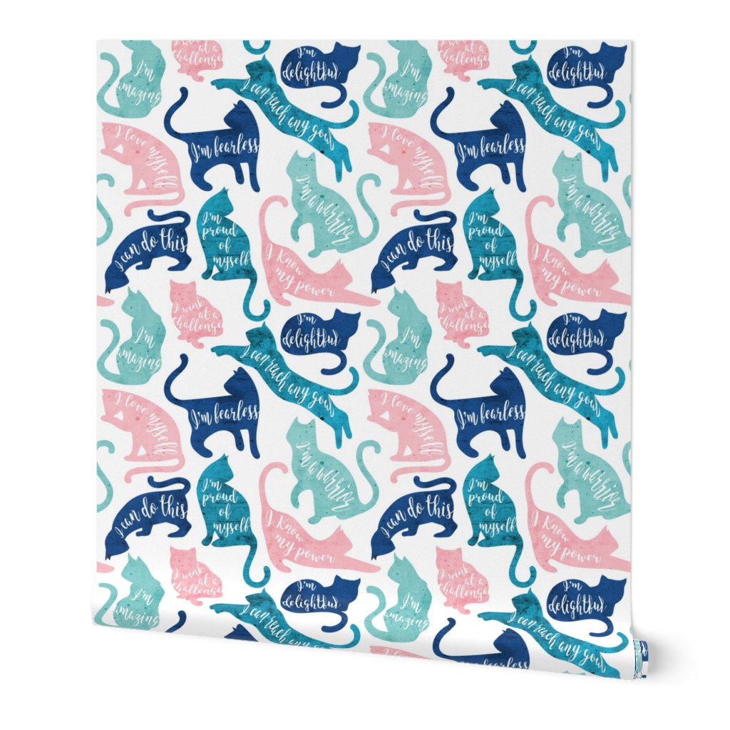 Small scale // Be like a cat // white background pastel pink blue aqua and teal cat silhouettes with affirmations