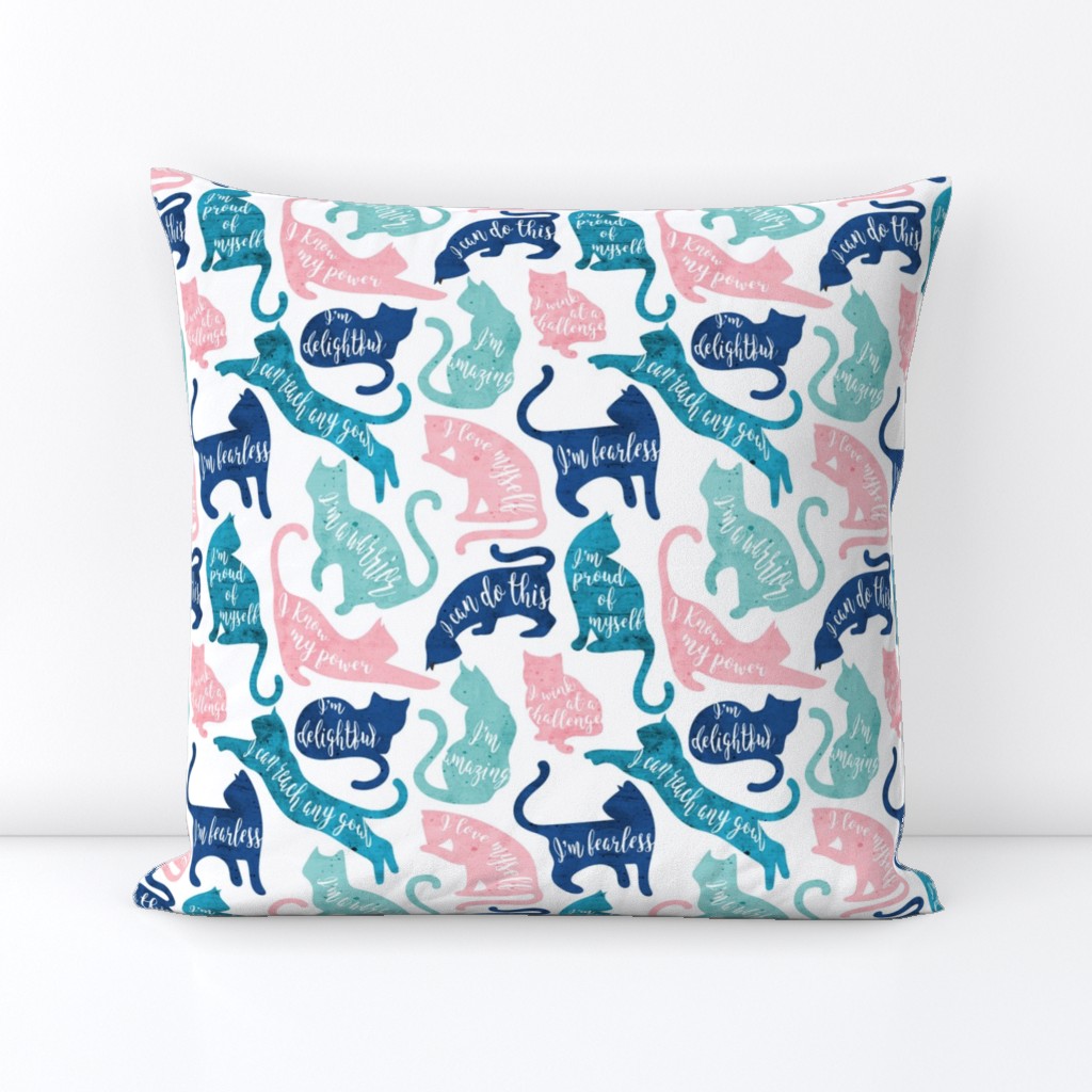 Small scale // Be like a cat // white background pastel pink blue aqua and teal cat silhouettes with affirmations