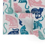 Small scale // Be like a cat // white background pastel pink blue aqua and teal cat silhouettes with affirmations