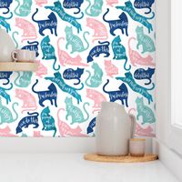 Small scale // Be like a cat // white background pastel pink blue aqua and teal cat silhouettes with affirmations