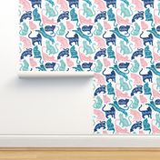 Small scale // Be like a cat // white background pastel pink blue aqua and teal cat silhouettes with affirmations