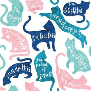 Small scale // Be like a cat // white background pastel pink blue aqua and teal cat silhouettes with affirmations