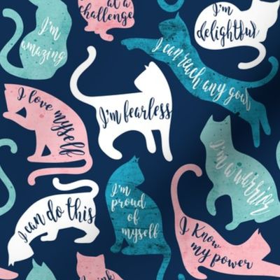 Small scale // Be like a cat // midnight blue background white pastel pink aqua and teal cat silhouettes with affirmations