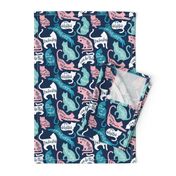 Small scale // Be like a cat // midnight blue background white pastel pink aqua and teal cat silhouettes with affirmations