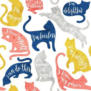 Small scale // Be like a cat // white background blue coral yellow and gray cat silhouettes with affirmations