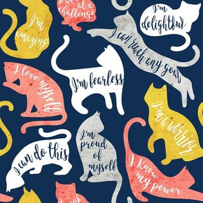 Small scale // Be like a cat // midnight blue background white coral yellow and gray cat silhouettes with affirmations