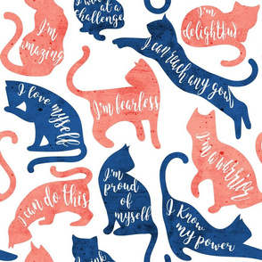 Normal scale // Be like a cat // white background coral and blue cat silhouettes with affirmations