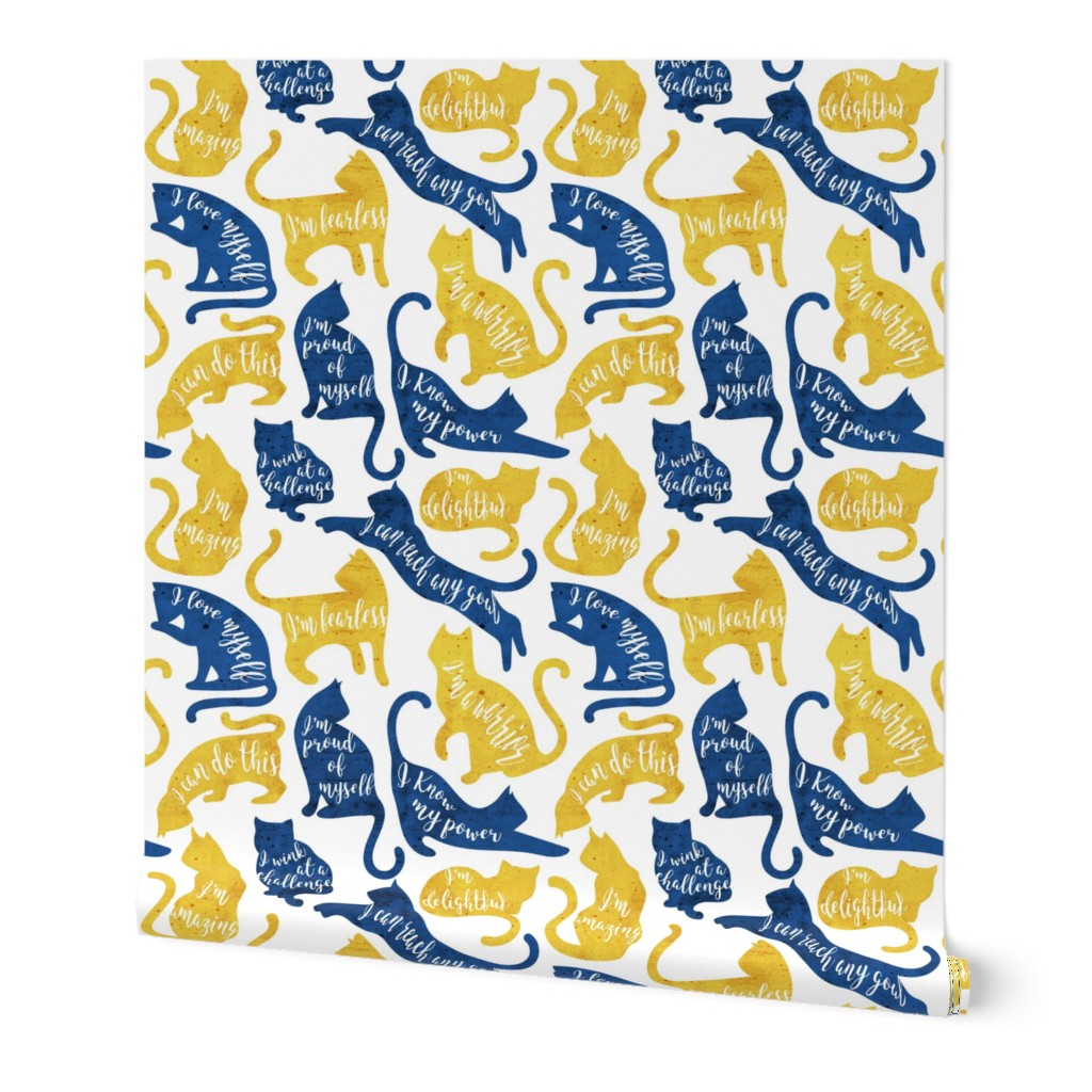 Normal scale // Be like a cat // white background yellow and blue cat silhouettes with affirmations