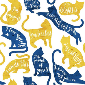 Normal scale // Be like a cat // white background yellow and blue cat silhouettes with affirmations
