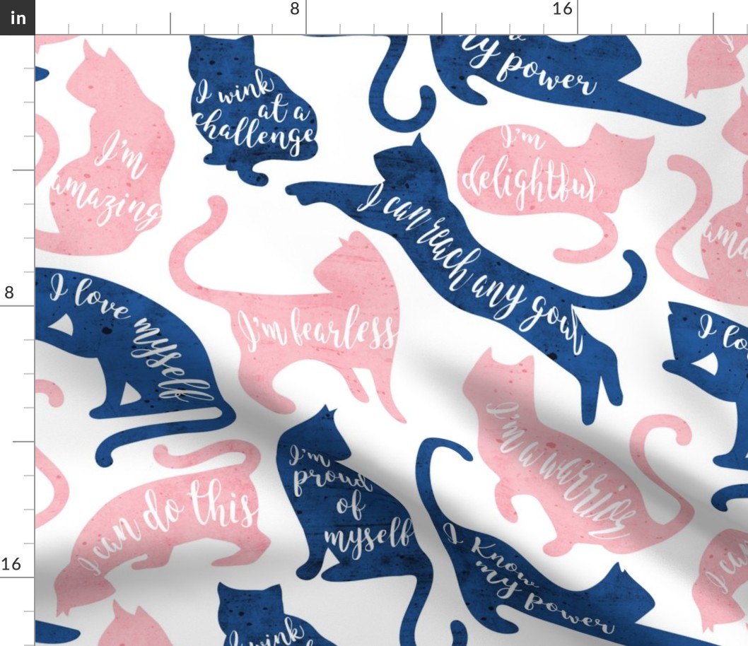 Normal scale // Be like a cat // white background pastel pink and blue cat silhouettes with affirmations