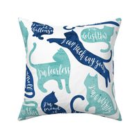 Normal scale // Be like a cat // white background aqua and blue cat silhouettes with affirmations
