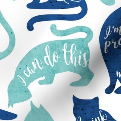 Normal scale // Be like a cat // white background aqua and blue cat silhouettes with affirmations