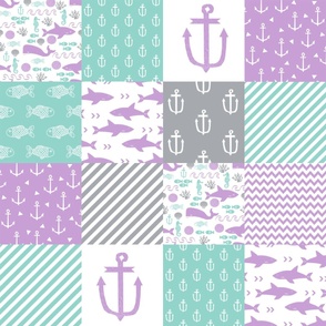 nautical ocean quilt - purple and mint baby girl fabric, baby girl nautical, girl nautical, purple nautical cheater quilt