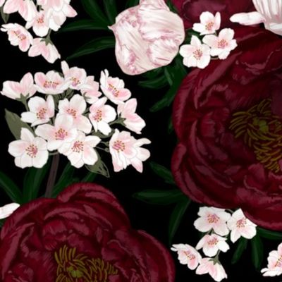 Peonies and cherry bouquets (black) 14"