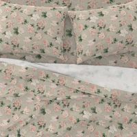 Wild Rose Neutral Linen Coral Blush Grey beigh large non-directional floral 