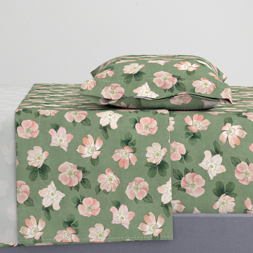 Wild Rose on Sage Linen, flower, hand drawn, pink, green, floral, baby girl, kids, nursery, large scale,  non-directional