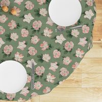 Wild Rose on Sage Linen, flower, hand drawn, pink, green, floral, baby girl, kids, nursery, large scale,  non-directional