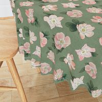 Wild Rose on Sage Linen, flower, hand drawn, pink, green, floral, baby girl, kids, nursery, large scale,  non-directional