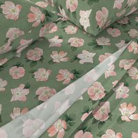 Wild Rose on Sage Linen, flower, hand drawn, pink, green, floral, baby girl, kids, nursery, large scale,  non-directional