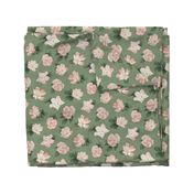 Wild Rose on Sage Linen, flower, hand drawn, pink, green, floral, baby girl, kids, nursery, large scale,  non-directional