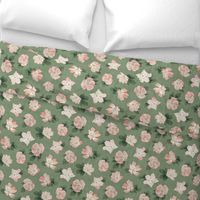 Wild Rose on Sage Linen, flower, hand drawn, pink, green, floral, baby girl, kids, nursery, large scale,  non-directional
