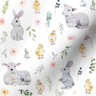 Spring Meadow // White - Easter Bunny, Rabbit, Lamb, Floral