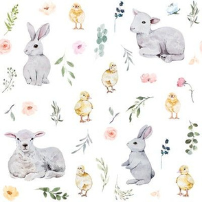 Spring Meadow // White - Easter Bunny, Rabbit, Lamb, Floral