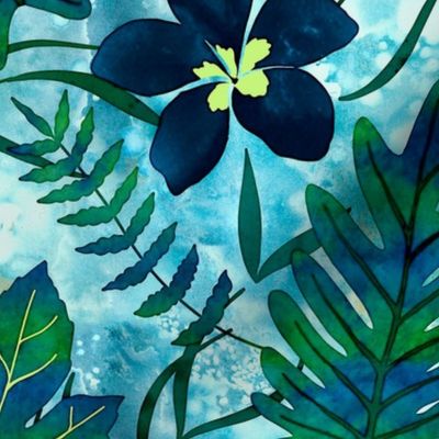 Hawaiian Tropical Floral Watercolor - Teal