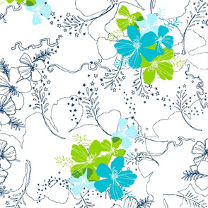 Hawaiian Garden Floral - navy, white and teal