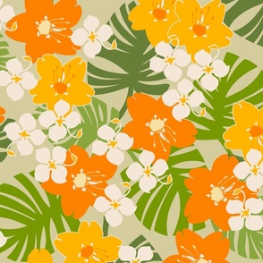 Hawaiian Tropical Garden Floral - Khaki and Orange