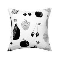 LARGE - Fruits fabric - black and white fruits fabric, fruit pattern, fruits,, pineapple fabric